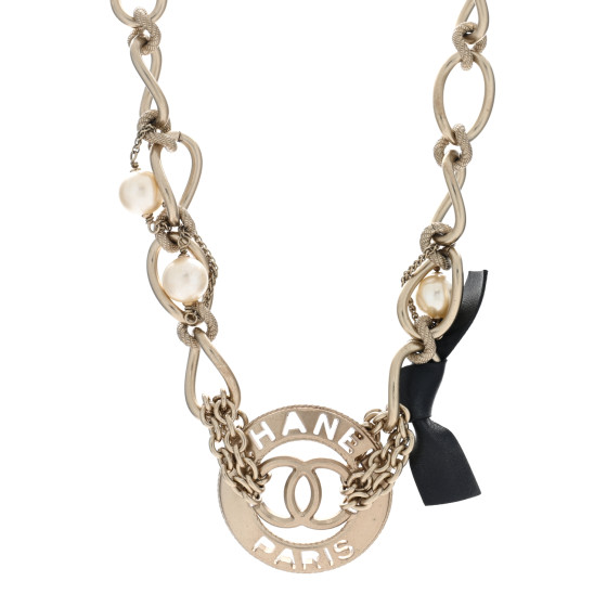 Metal Pearl Chain CC Paris Pendant Necklace Light Gold