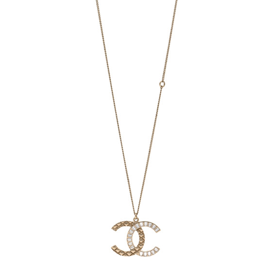 Baguette Crystal Quilted CC Pendant Necklace Gold