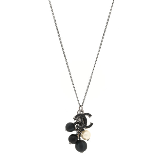 Iridescent Enamel Bead Pearl CC Drop Necklace Black Silver