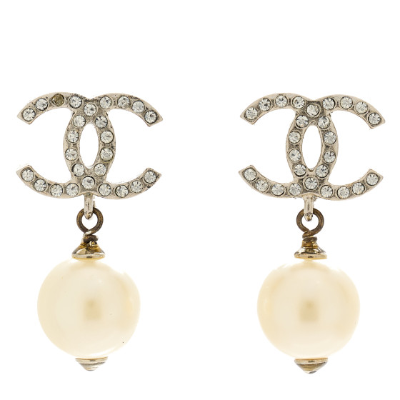 Crystal Pearl CC Drop Earrings Silver