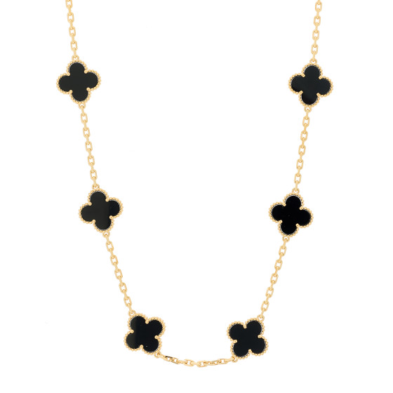18K Yellow Gold Black Onyx 10 Motifs Vintage Alhambra Necklace