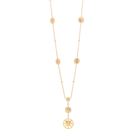 18K Yellow Gold Diamond Mother of Pearl Rose Des Vents Long Necklace