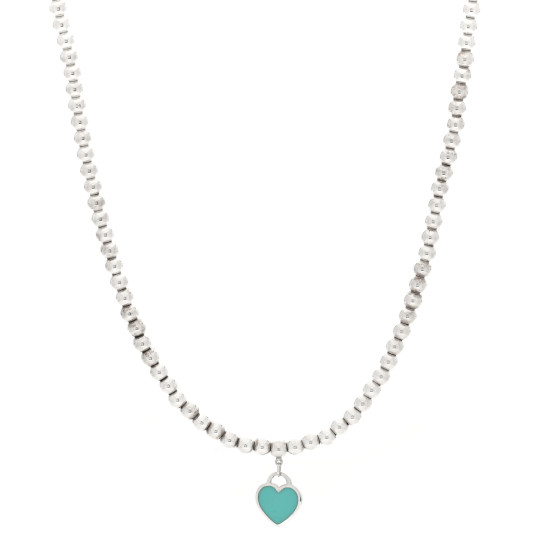 Sterling Silver Enamel Return to Tiffany Heart Tag Bead Necklace Blue