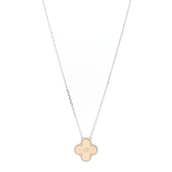 18K White Rose Gold Diamond Guilloche Vintage Alhambra Pendant Necklace