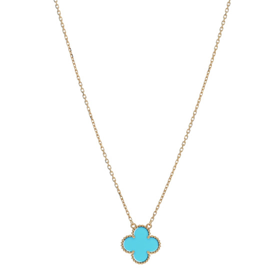 18K Yellow Gold Blue Agate Vintage Alhambra Pendant Necklace