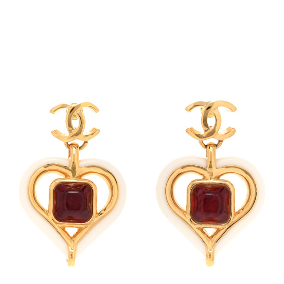 Resin Heart CC Drop Earrings White Red Gold
