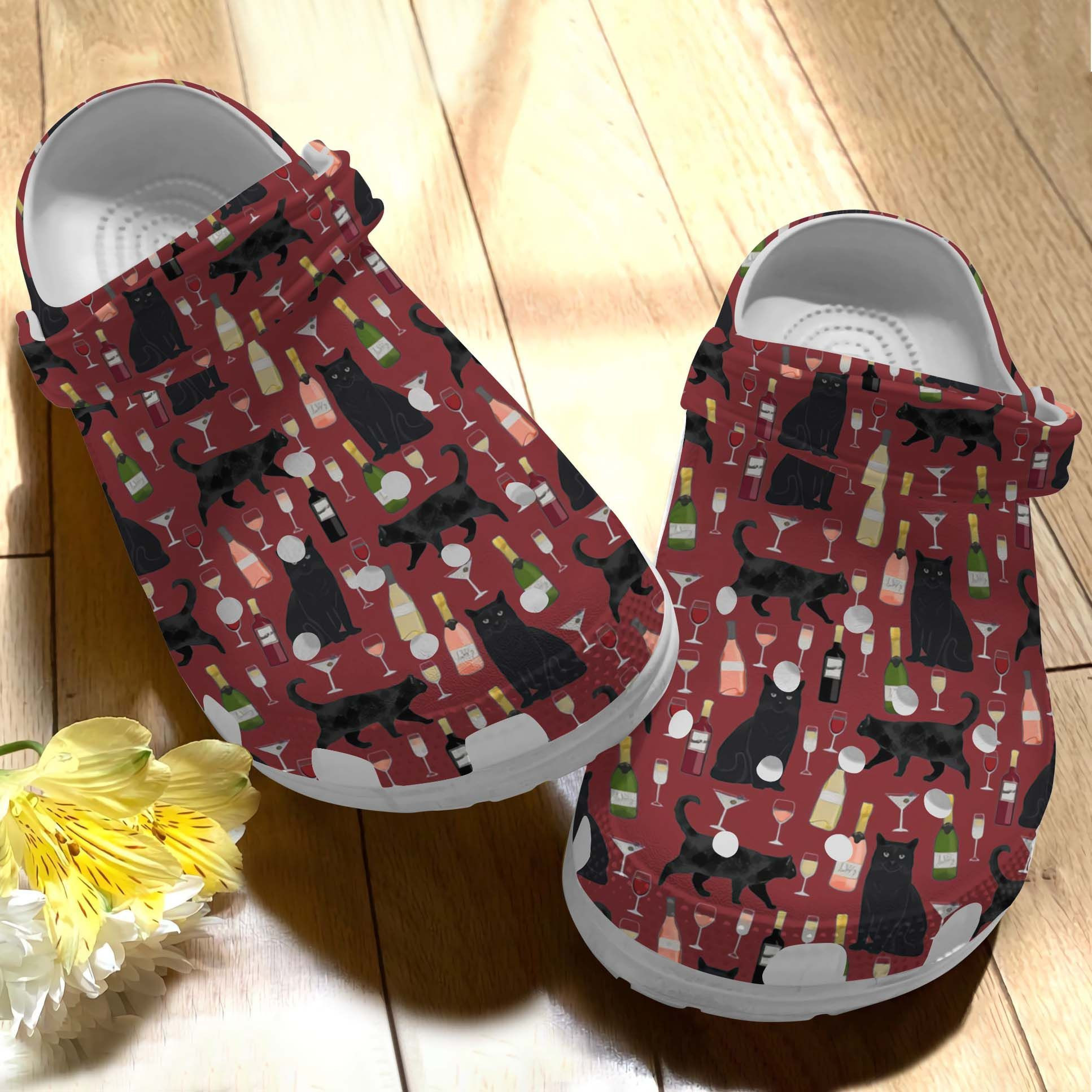 Cat Clog Whitesole Black Cat And Wine Classic Crocs Gift For Men And Women & Cat Lovers
