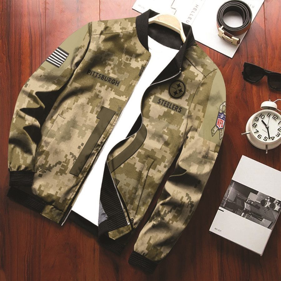 12 Bradshaw Pittsburgh Steelers Salute To Service Camo Jersey Style Gift for Steelers Fans Bomber Jacket BJ00593