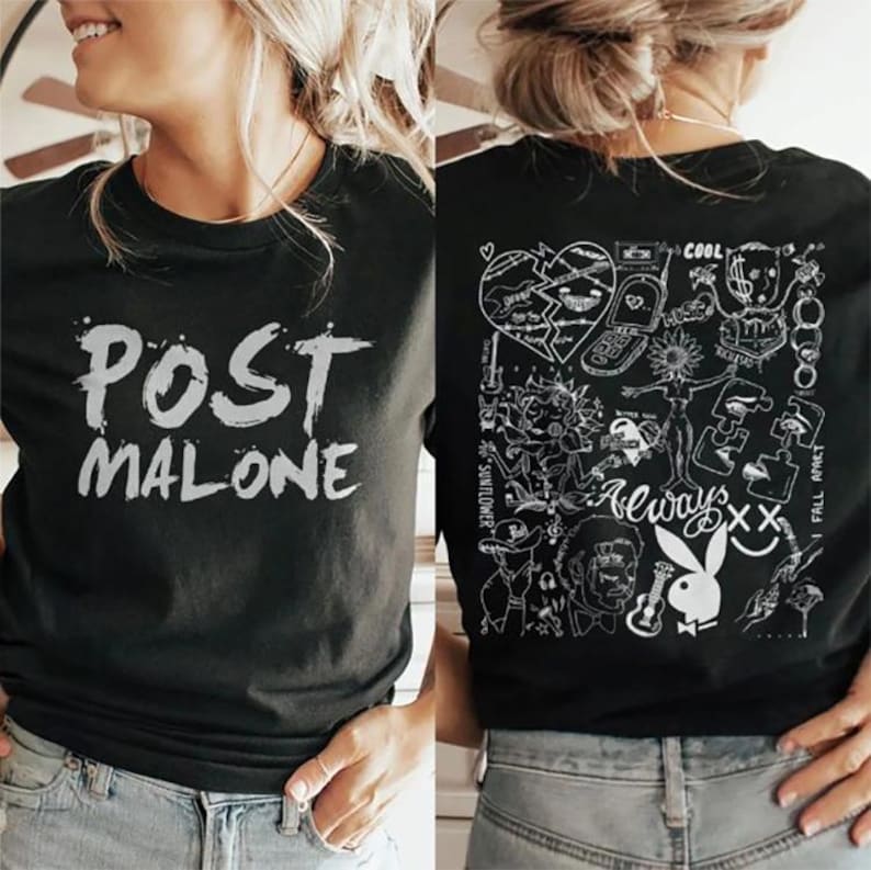 Vintage Post Malone Doodle Art Tattoo Two-Side Shirt Malone Rap Music Shirt