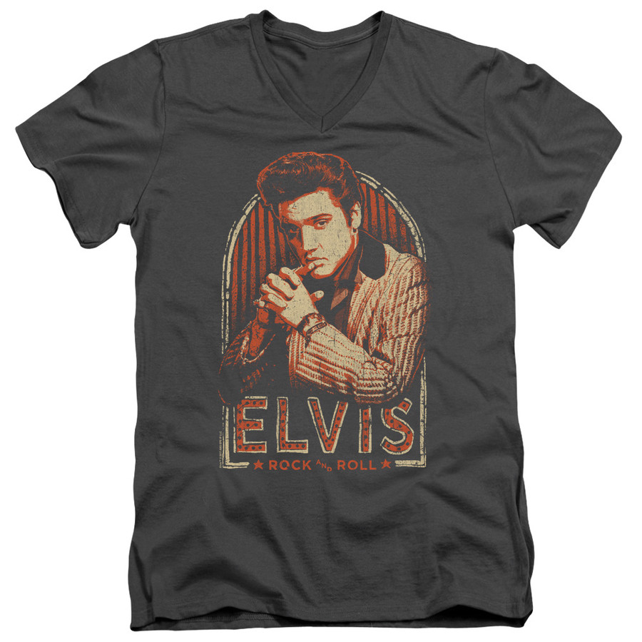 T-Shirt Elvis Presley Stripes Classic Adult V-Neck Charcoal