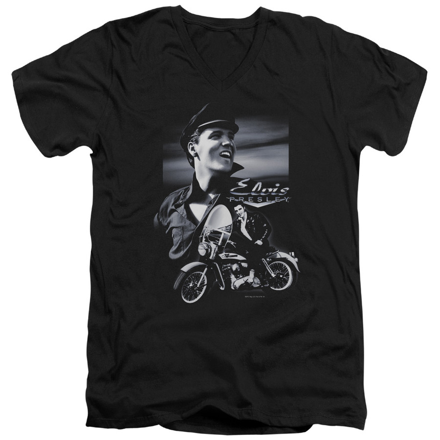 T-Shirt Elvis Presley Motorcycle Adult V-Neck Black