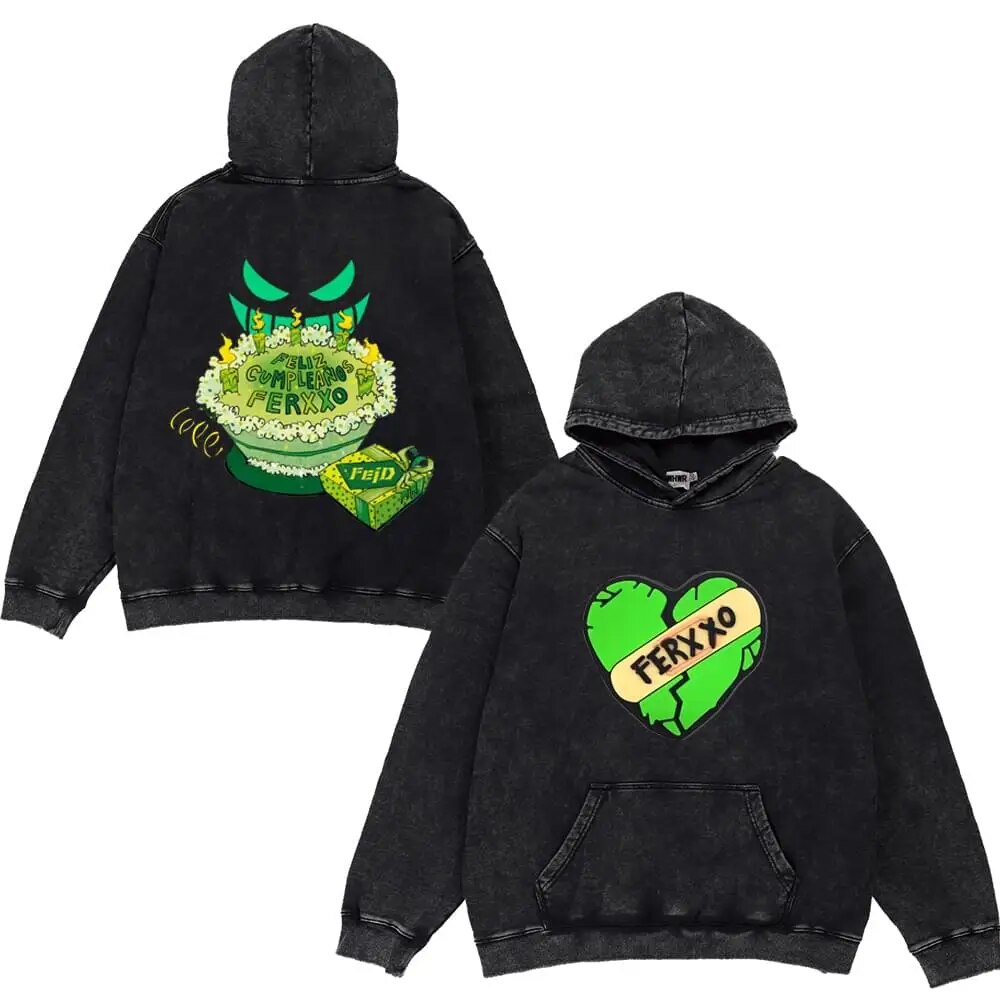 Feid Vintage Washed Men HoodieFeid Ferxxo Print Rapper Loose Casual Hoodie Y2K Tops