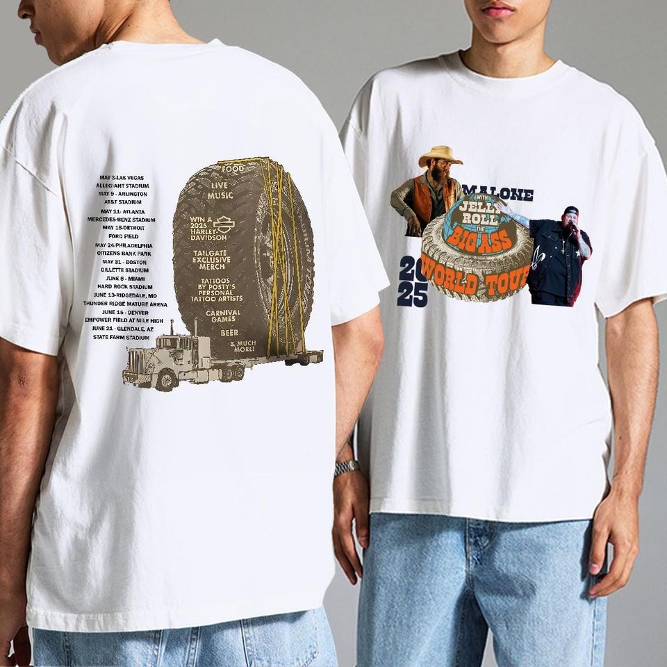 Post Malone Double Sided Tour T-Shirt, Big Ass Stadium Tour, Posty 2025, Jelly Roll Tour Merch