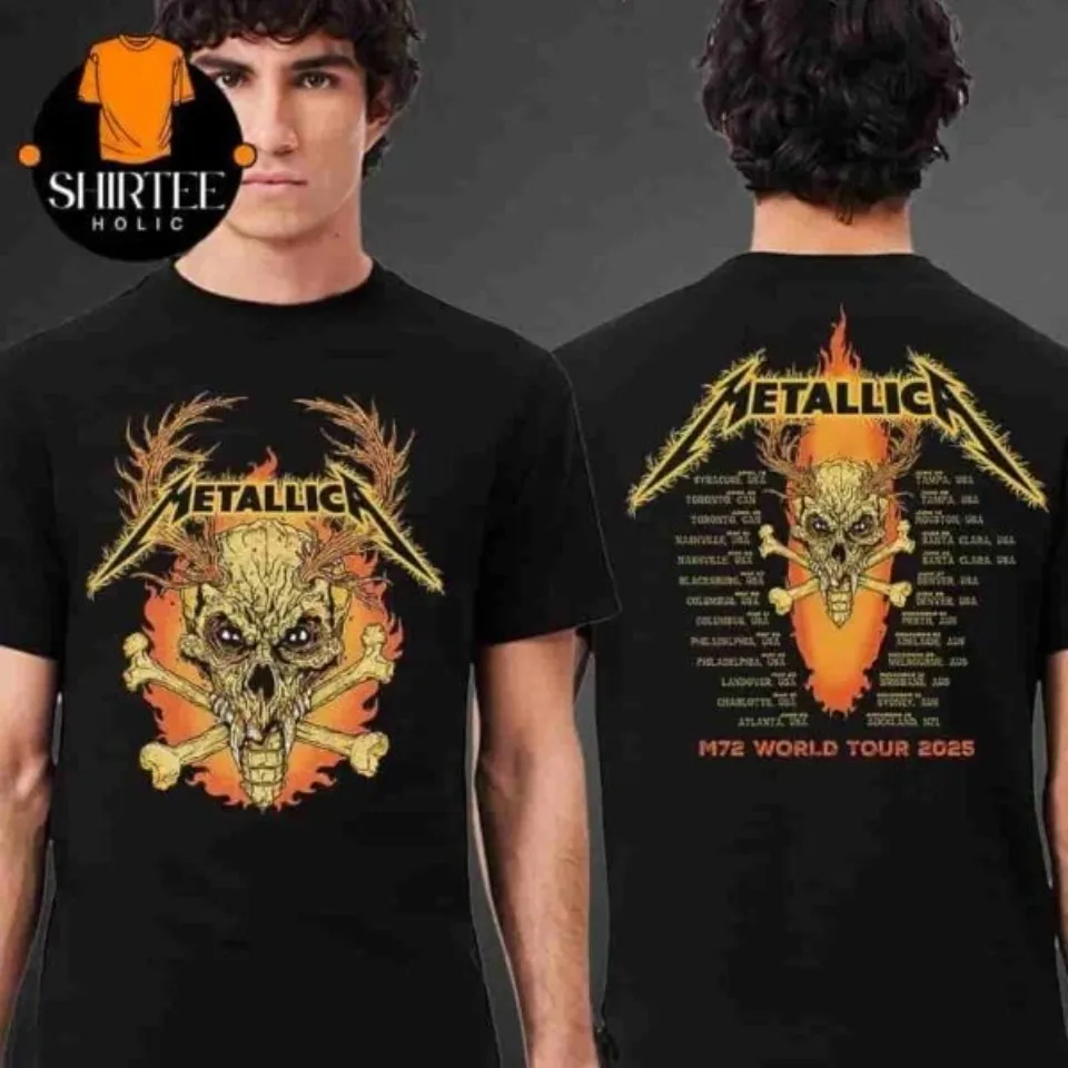 Metallica M72 World Tour 2025 Fire Skull Places List 2 Sides Classic Tee
