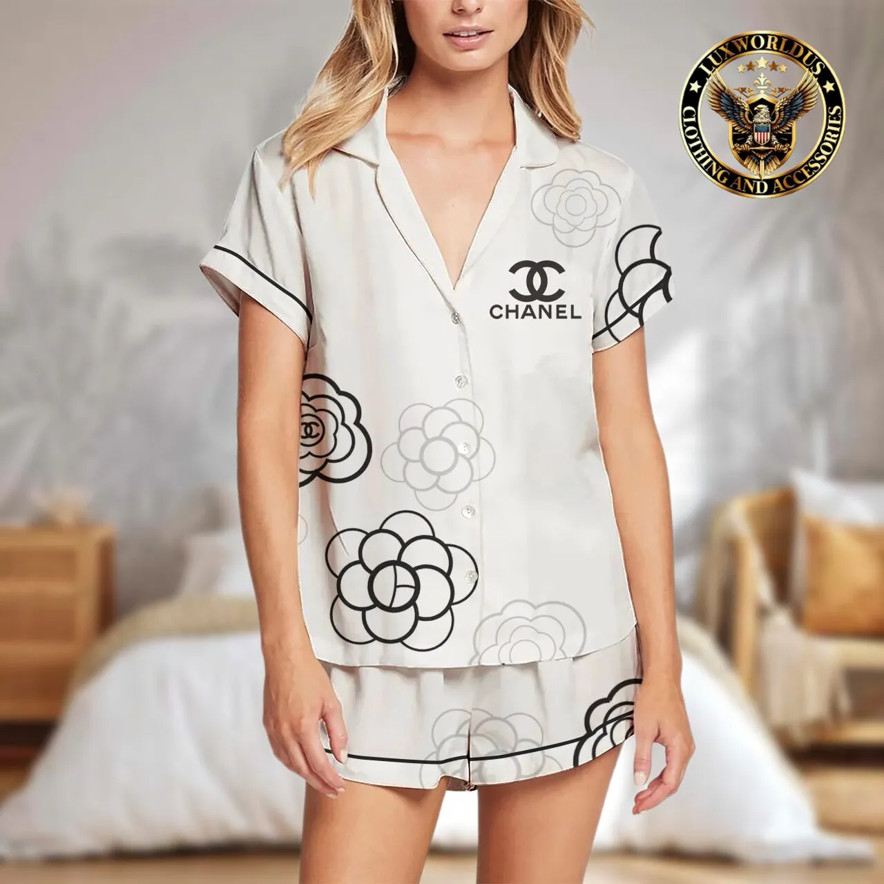 Chanel White Feminine Satin Pajama Set  Delicate & Beautiful Design