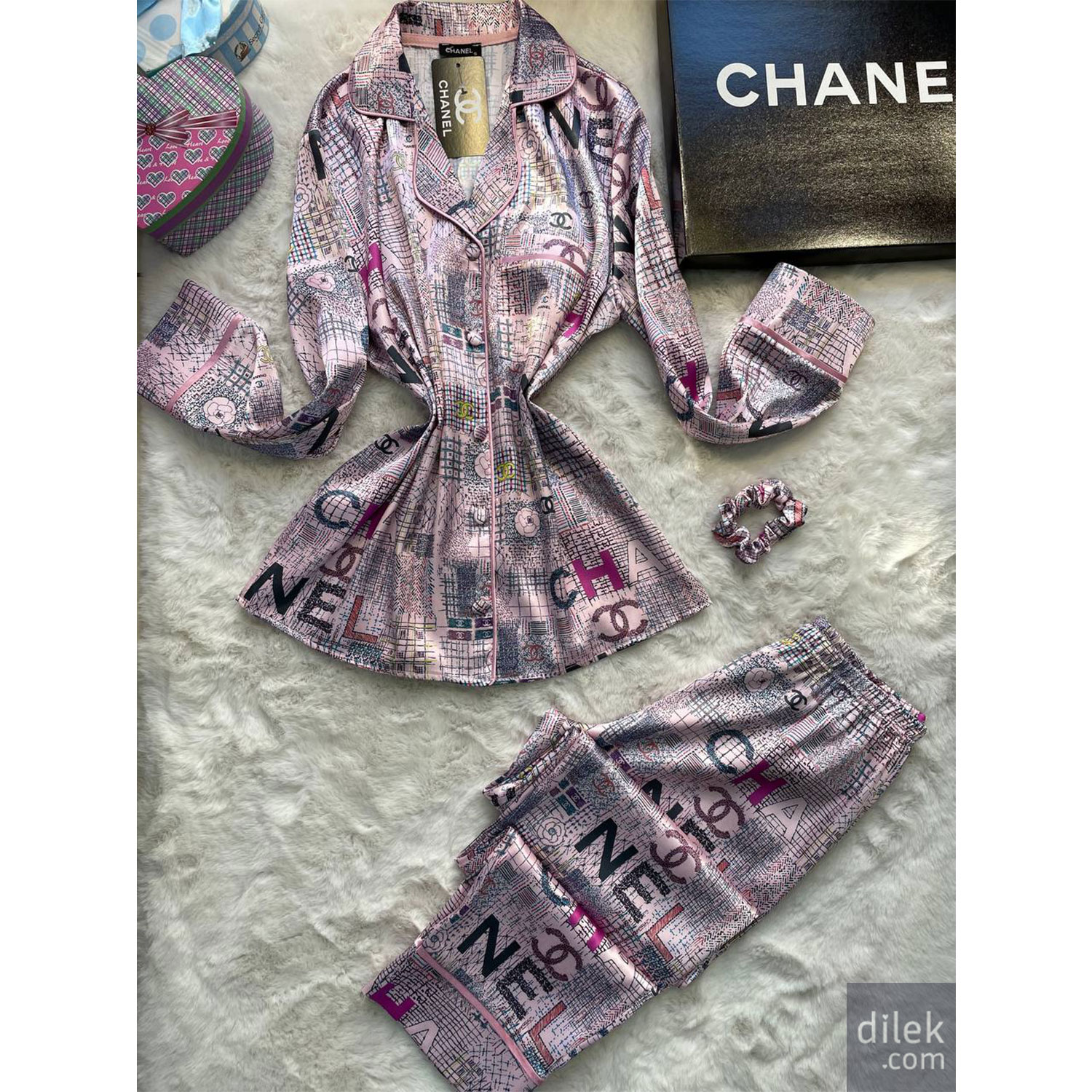 Chanel Youthful & Cute Satin Long Sleeve Pajama Set  Perfect For Young Women