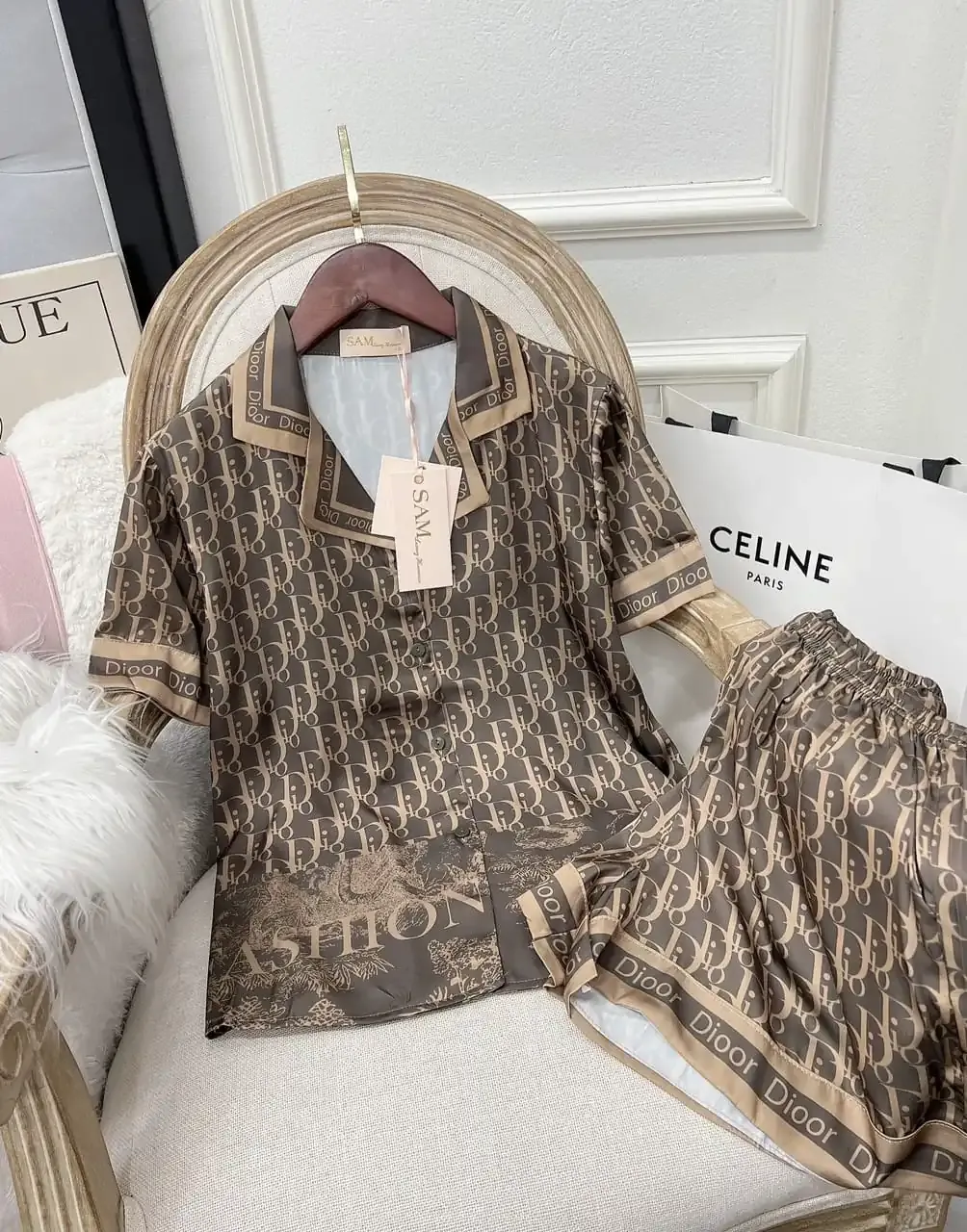 Dior Elegant Satin Short Pajama Set  Sleek & Comfortable Nightwear