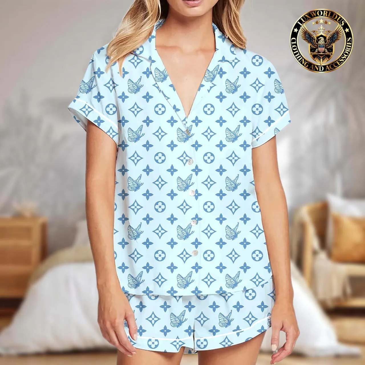 Louis Vuitton Light blue Satin Shorts Pajama Set Trendy, Stylish & Comfortable