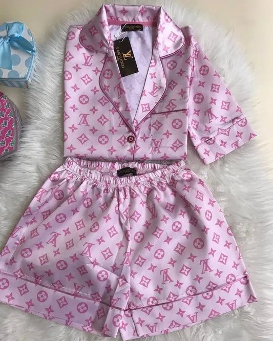 Louis Vuitton OnTheGo Light Pink Stylish Satin Short Pajama Set Perfect For Daily & Night Wear