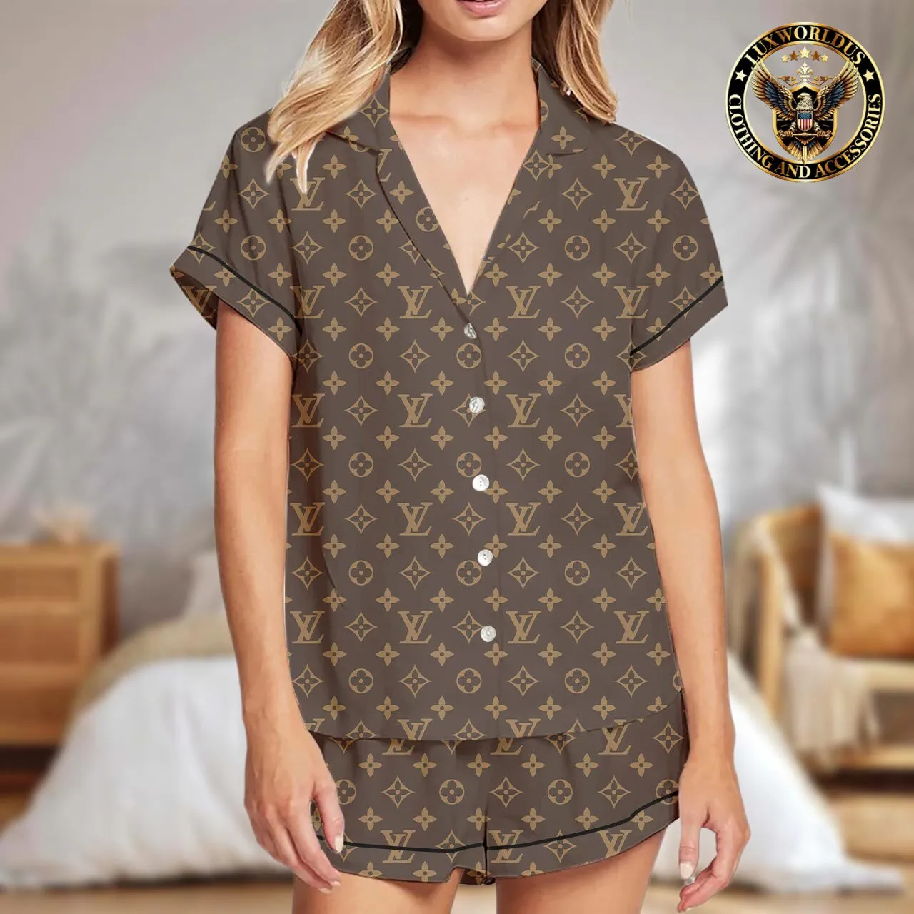Louis Vuitton OnTheGo Brown Stylish Satin Pajama Set Elegant, Comfortable & High-End