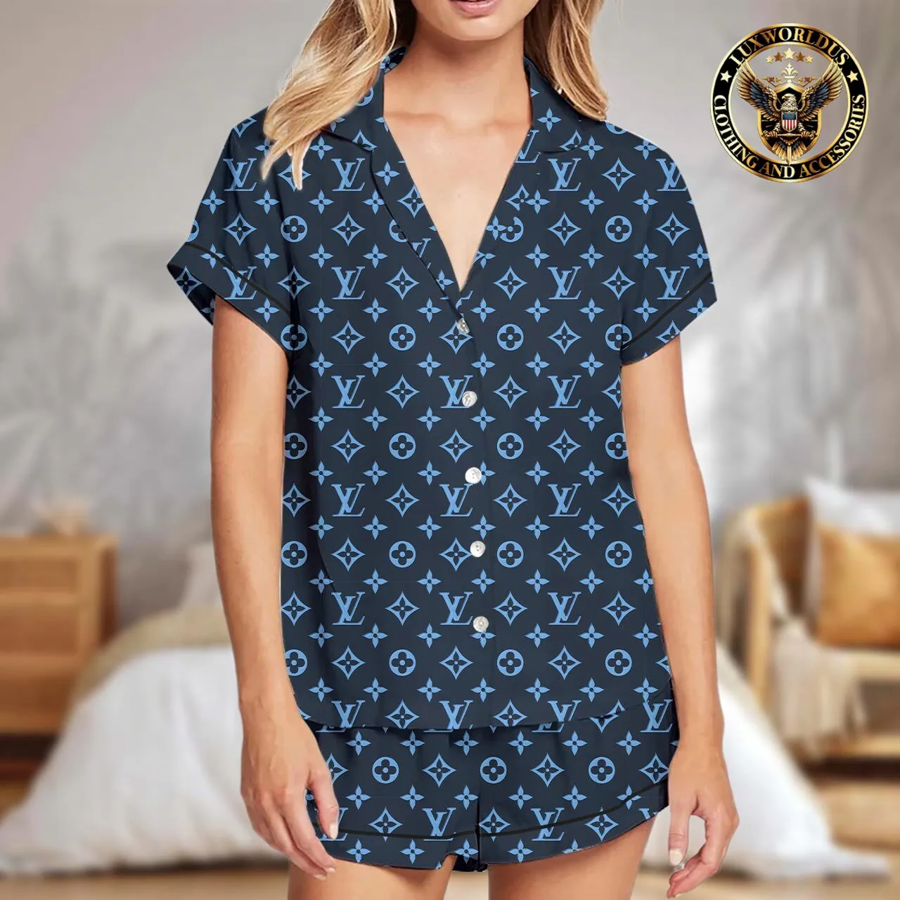 Louis Vuitton OnTheGo blue Satin Shorts Pajama Set Elegant & Suitable For All Ages