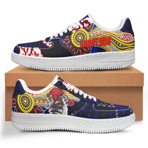 Sydney Roosters Low Top Sneakers Air Force 1 - Angry Rooster With Aboriginal Inspired Indigenous Dot Painting Style Sneakers For Men Women