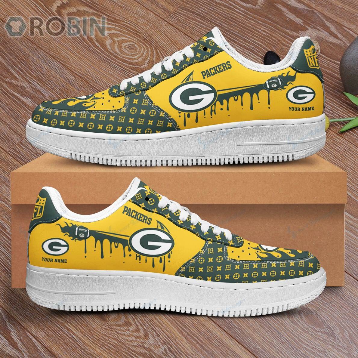 Green Bay Packers Louis Vuitton Pattern Custom Name Air Force 1 Sneaker For Men Women
