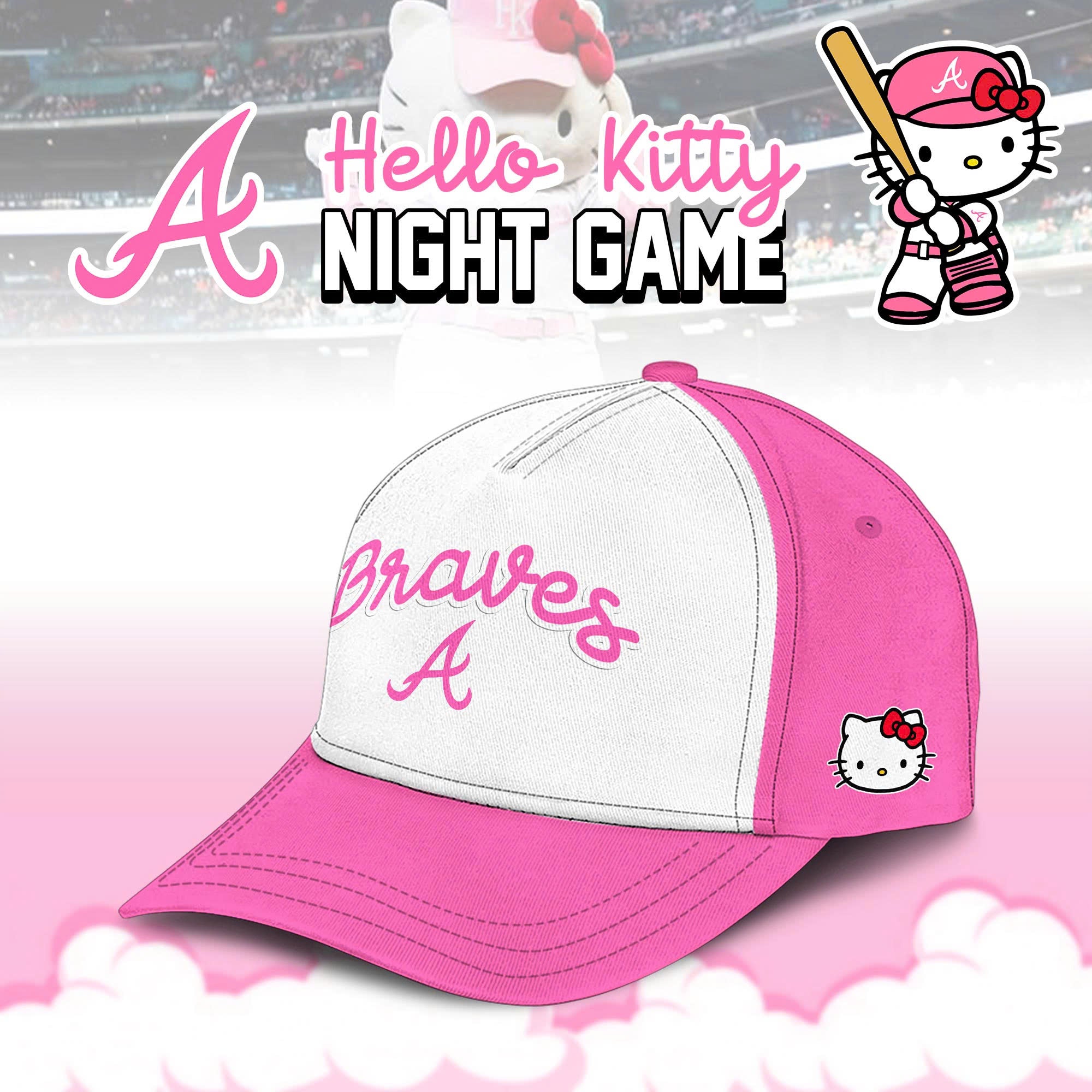Atlanta Braves Mlb X Hello Kitty Night Game Cap For Men And Women 