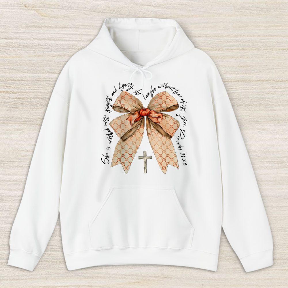 Proverbs She Is Clothed With Strength Coquette Bow Fall Vibes Thanksgiving Gucci Unisex Hoodie TAH18216