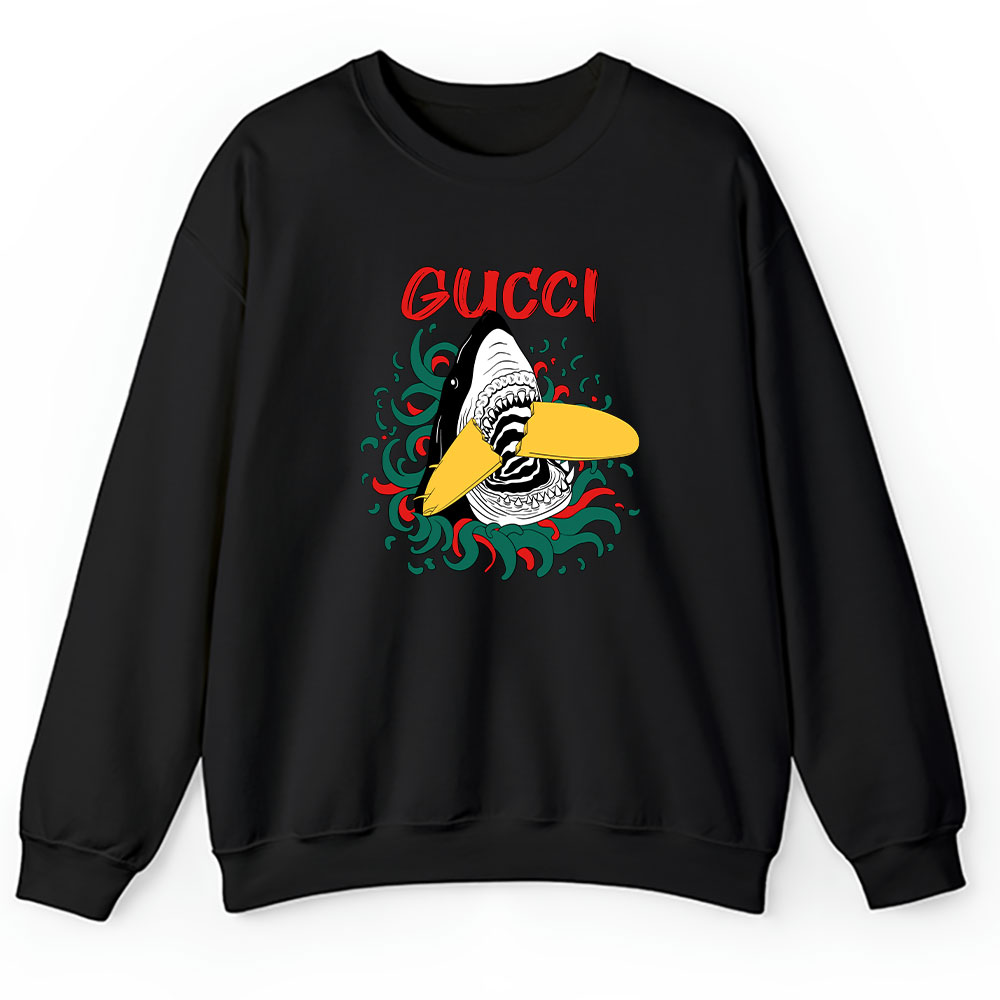 Cartoon Shark With Surfboard Gucci Brand Unisex Sweatshirt BTN5489