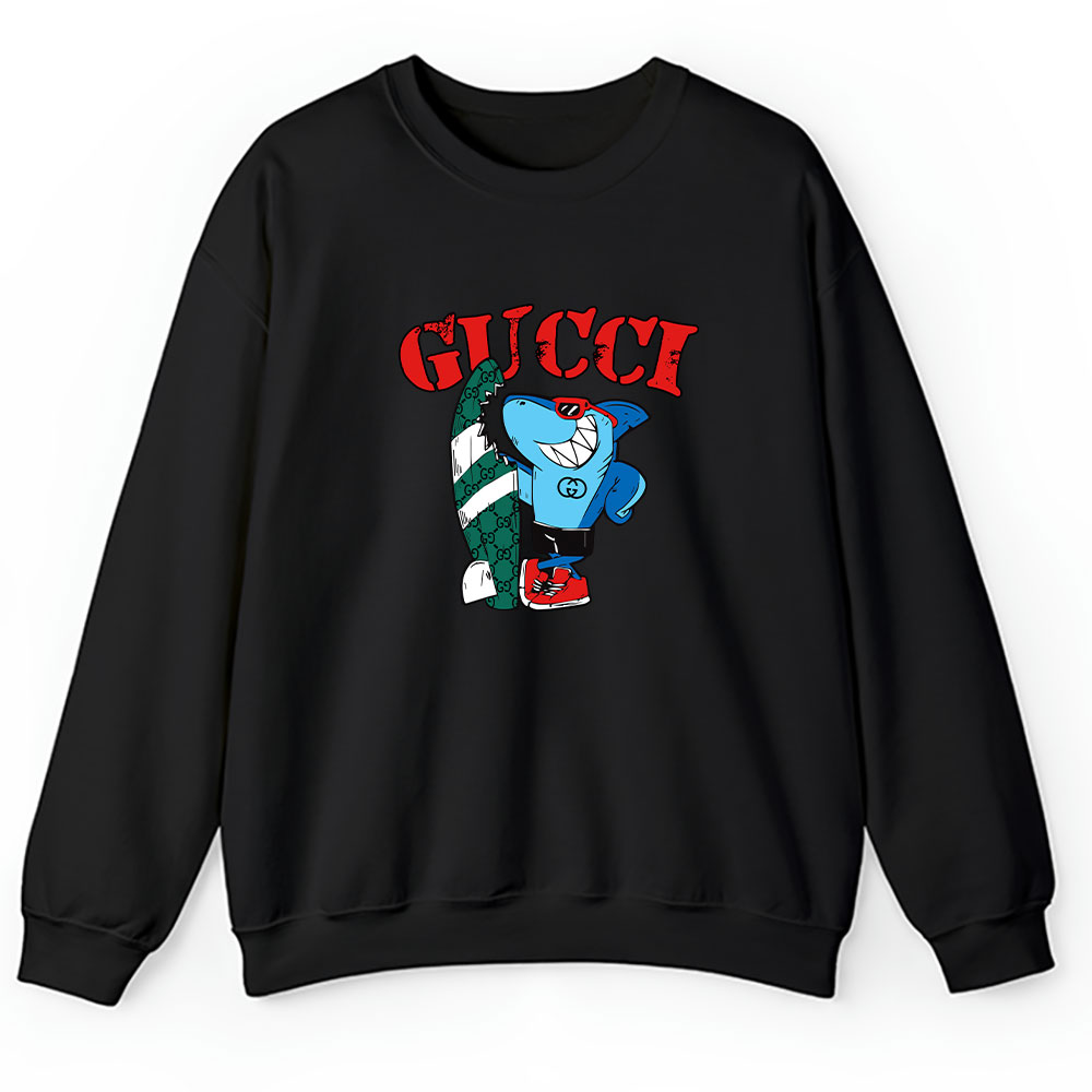 Cartoon Shark With Surfboard Gucci Brand Unisex Sweatshirt BTN5488
