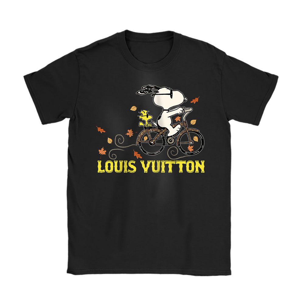 Peanuts Snoopy Woodstock Riding Bike Happy Thanksgiving Louis Vuitton Unisex T-Shirt Cotton Tee BN19509