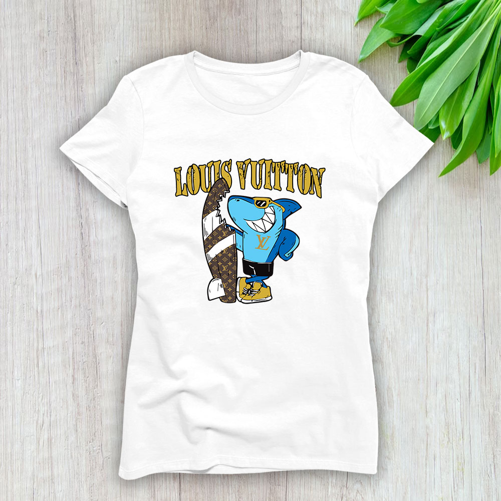 Cartoon Shark With Surfboard Louis Vuitton Brand Lady Shirt Women Tee TLT5382