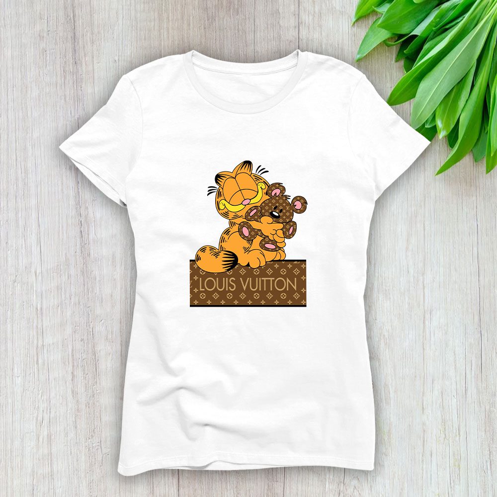 Louis Vuitton Logo Luxury Canvas Pattern Garfield Teddy Bear Lady T-Shirt Luxury Tee For Women LDS1659