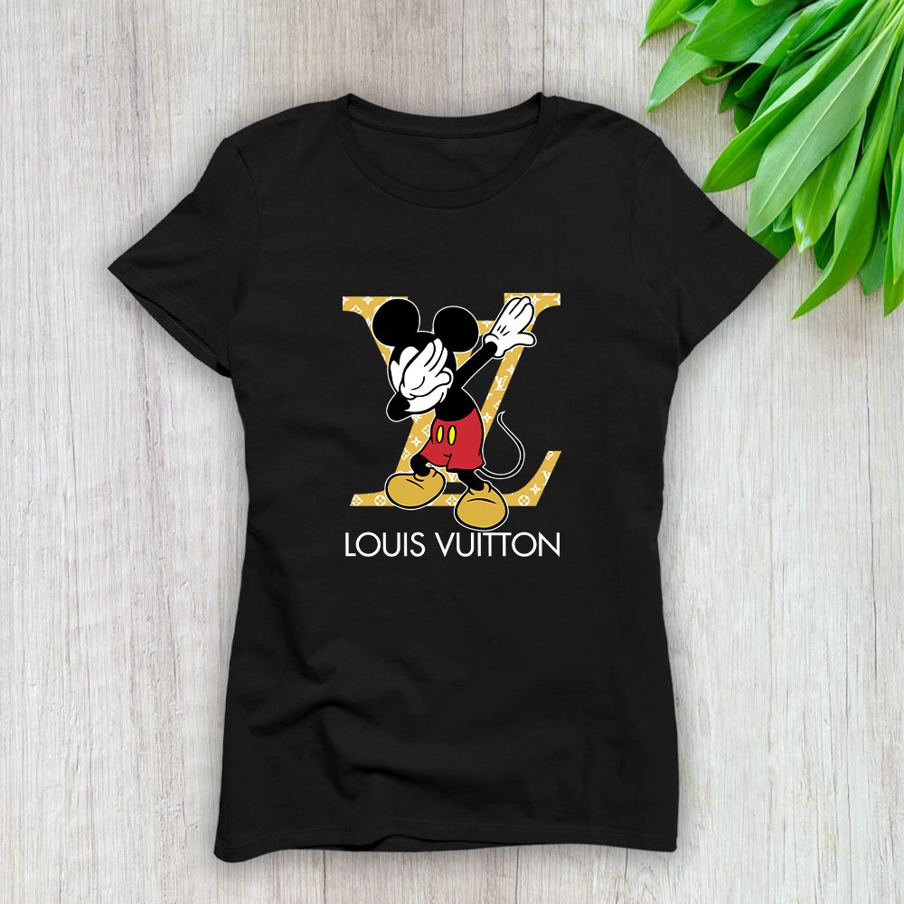 Louis Vuitton Luxury Logo Yellow And White Monogram Canvas Pattern Mickey Mouse Dabbing Lady T-Shirt Luxury Tee For Women LDS1688