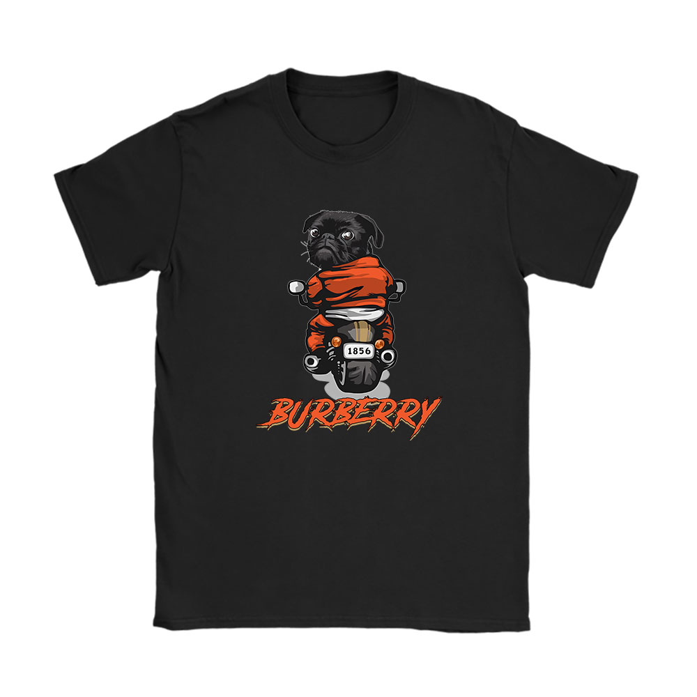 Pug Dog Riding A Motorcycle Burberry Brand Unisex T-Shirt Cotton Tee BN6377