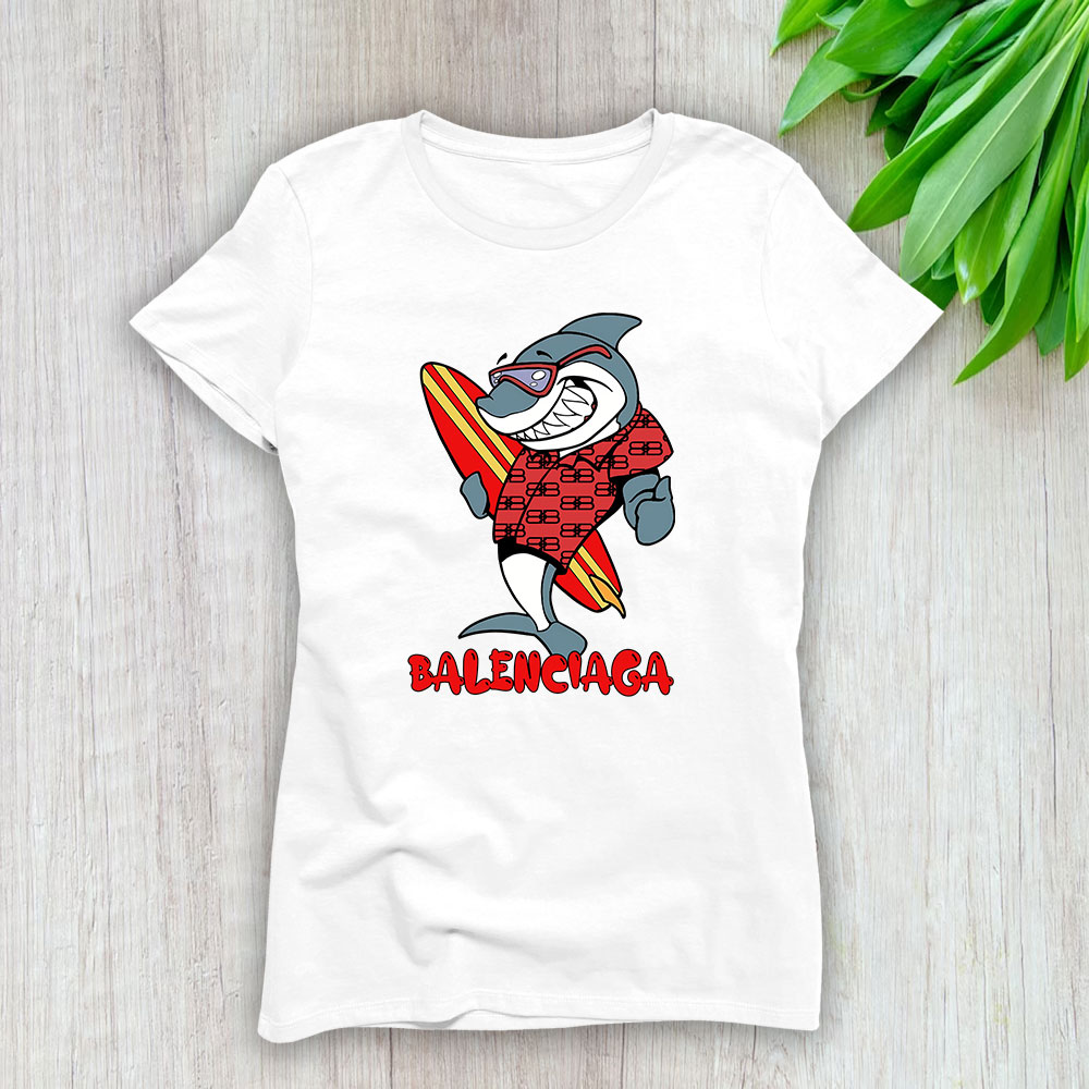 Cartoon Shark With Surfboard Balenciaga Brand Lady Shirt Women Tee TLT5371
