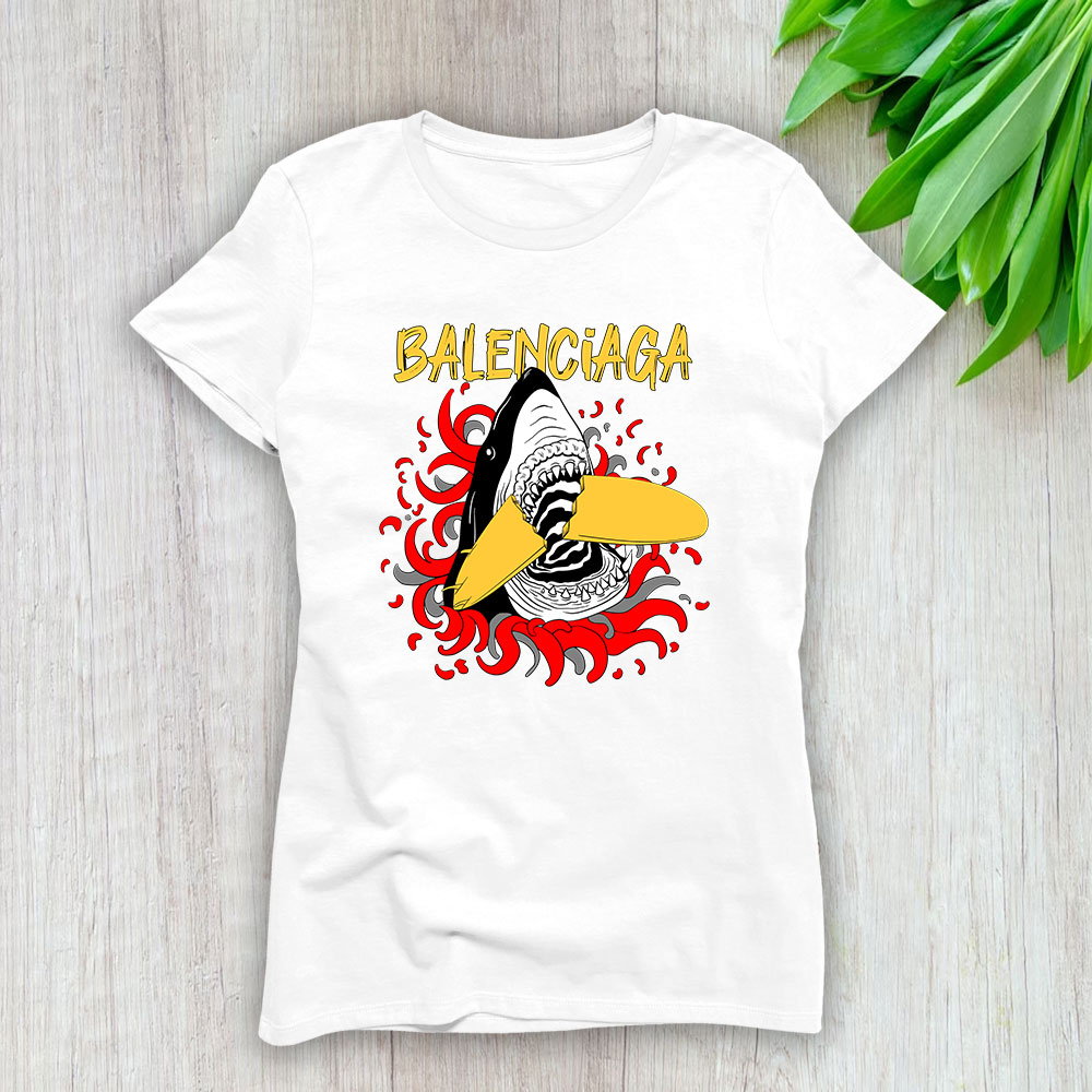 Cartoon Shark With Surfboard Balenciaga Brand Lady Shirt Women Tee TLT5374
