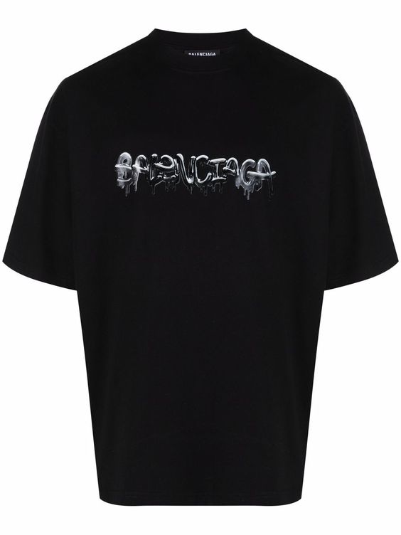 Black Cotton Logo Printed Crew Neck Tee Unisex T-Shirt From Balenciaga FTS490