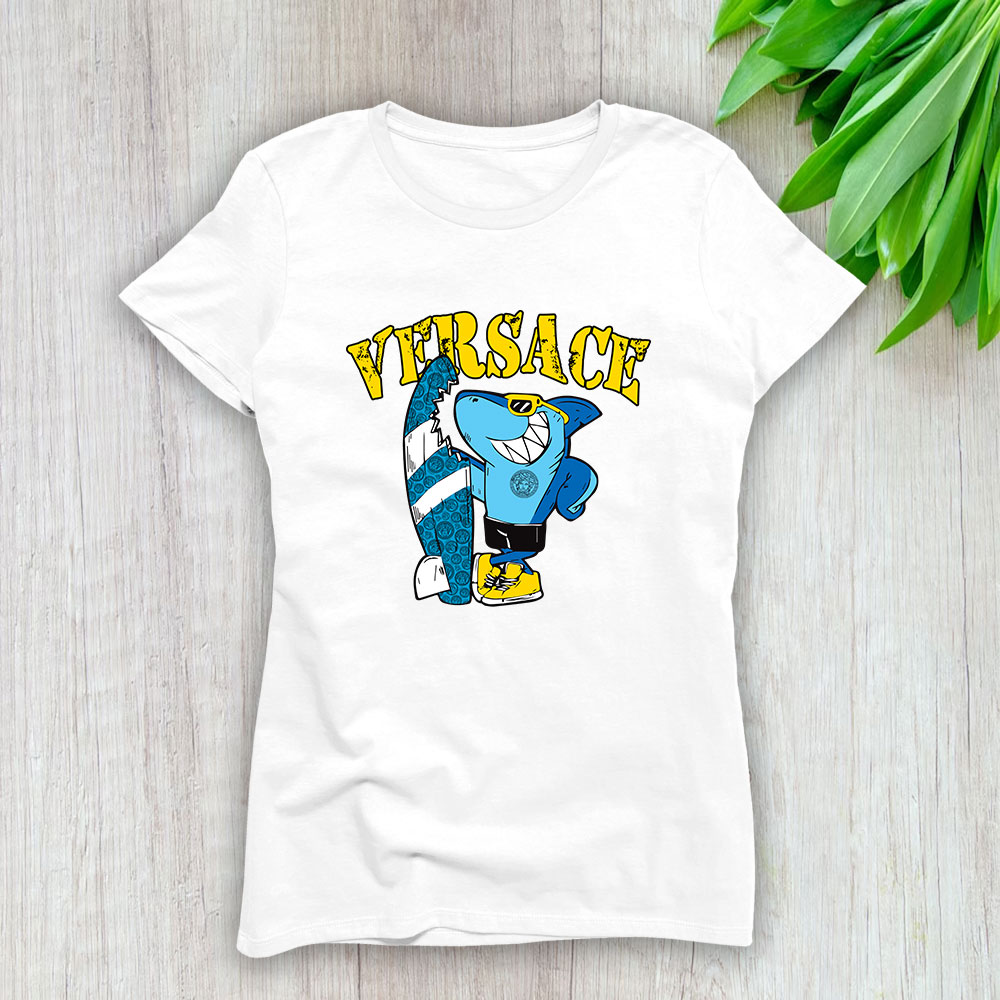 Cartoon Shark With Surfboard Versace Brand Lady Shirt Women Tee TLT5384