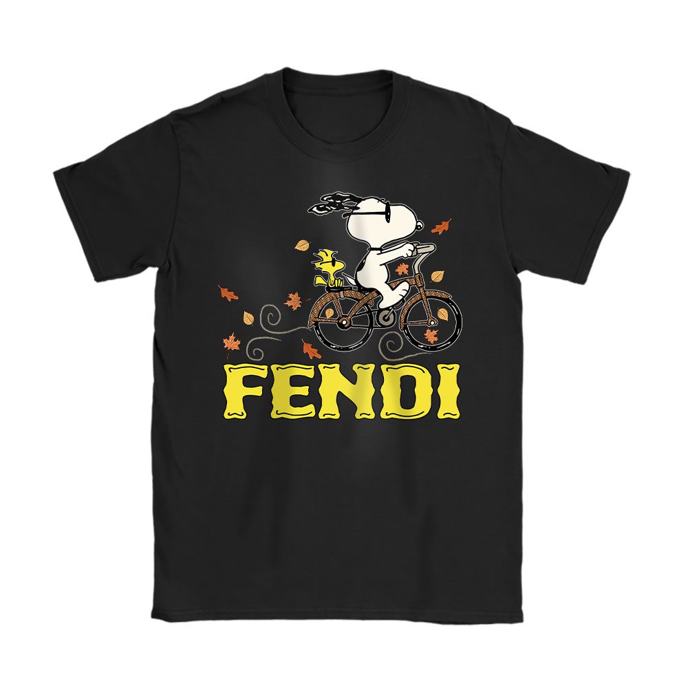 Peanuts Snoopy Woodstock Riding Bike Happy Thanksgiving Fendi Unisex T-Shirt Cotton Tee BN19506