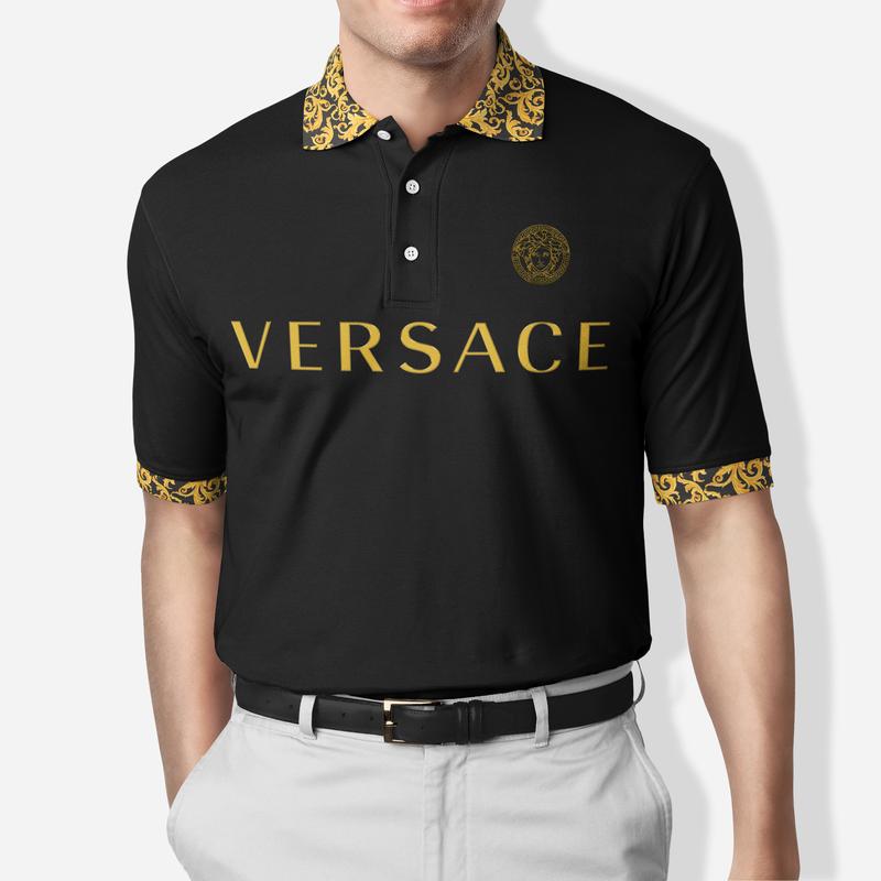 Versace Black Gold Polo Shirt Luxury Brand Clothing Clothes Golf Tennis Outfit For Men