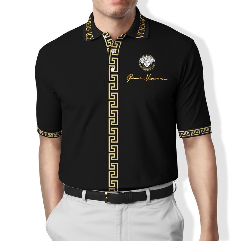 Versace Black Gold Polo Shirt Luxury Brand Clothing Clothes Golf Tennis Outfit For Men