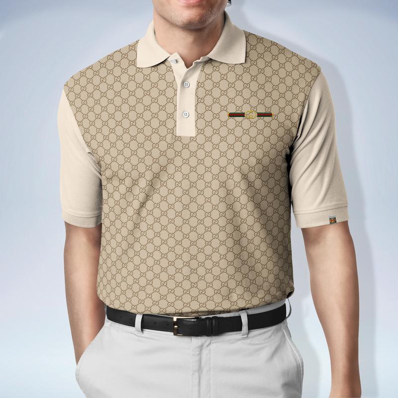 Gucci Beige Stripe Polo Shirt Luxury Brand Clothing Clothes Golf Tennis Outfit For Men