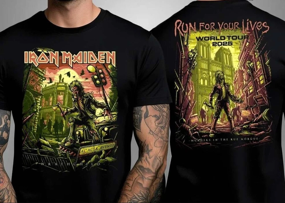 Rare Iron Maiden 2025 Tour T-Shirt  Wrathchild & Rue Morgue Two-Sided Unisex