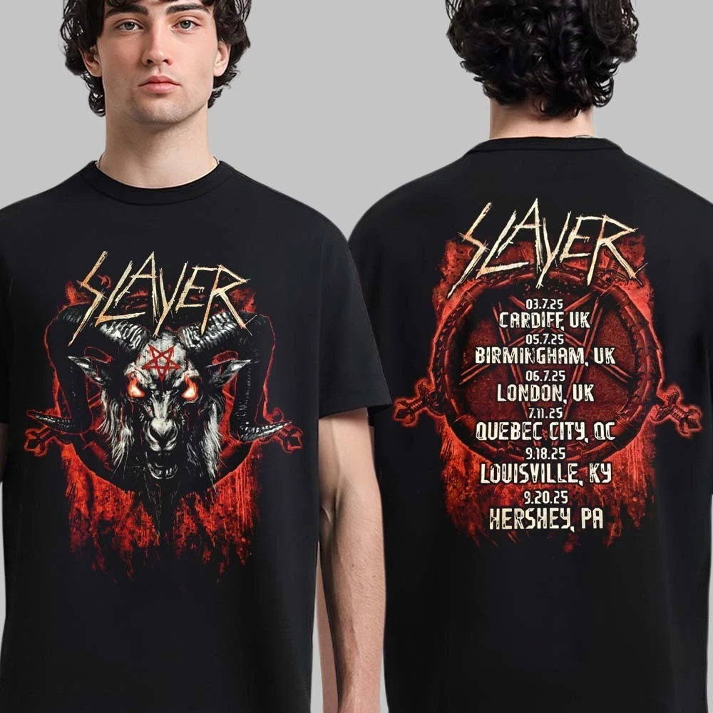 Slayer Farewell Tour 2025 Merch Baphomet Head Art Wt Tour Dates 2 Sided T-Shirt