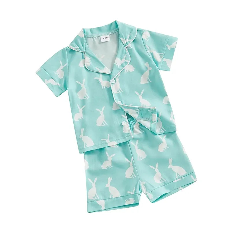 Easter Kids Pajama Set Bunny Print Short Sleeve Tops With Shorts Sleepwear Loungewear