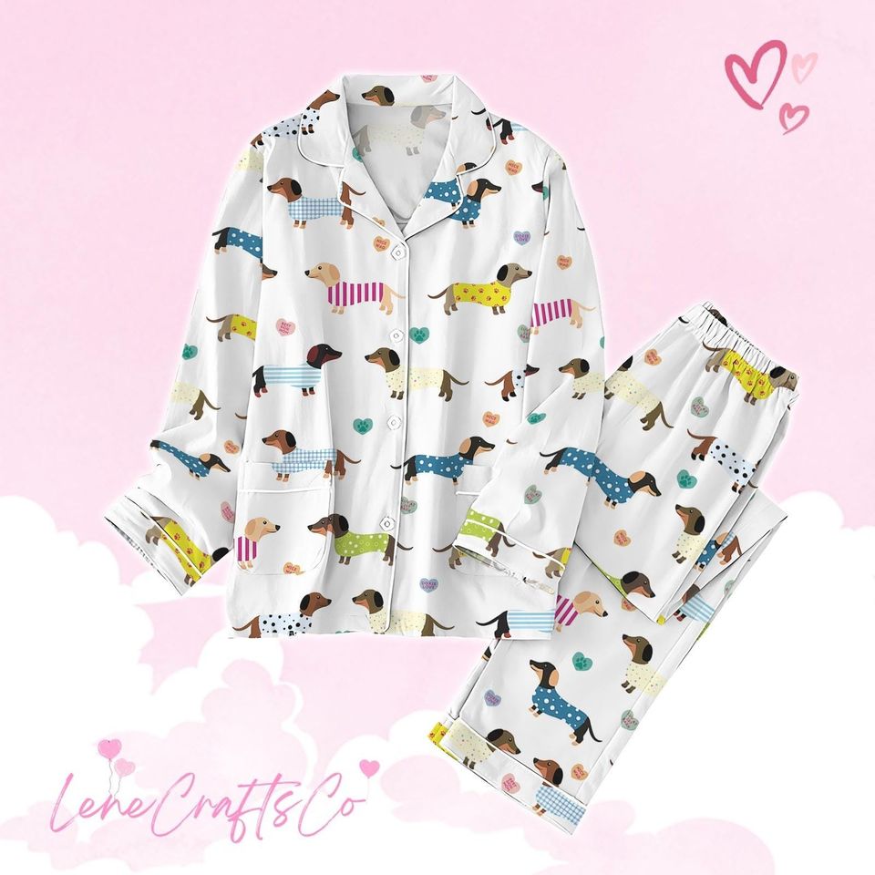 Dachshund Valentine'S Day Pajamas, Cute Dachshund Pajama Set, Doxie Pajama Set, Dog Mom Pajama Set