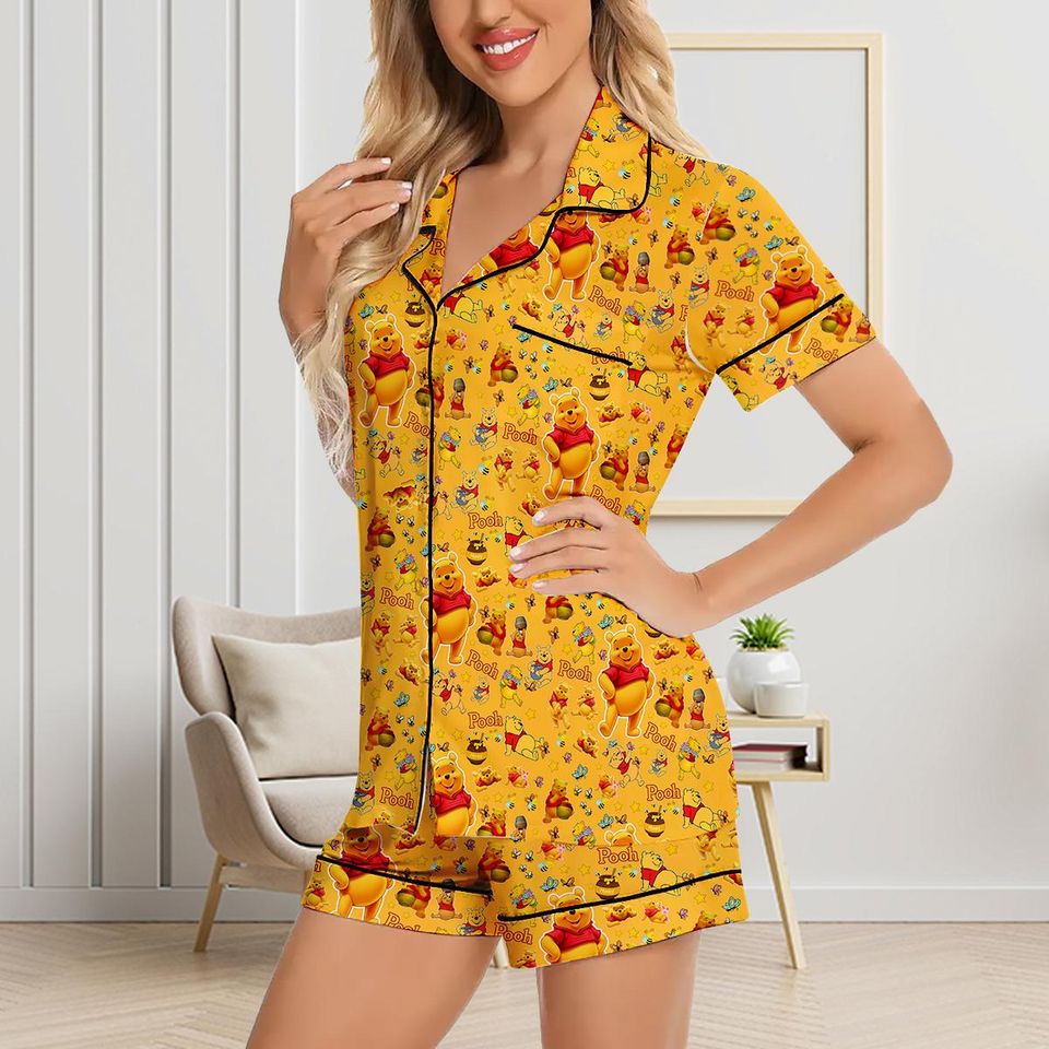 Winnie The Pooh Cartoon 3D All Over Print Silk Pajama Set