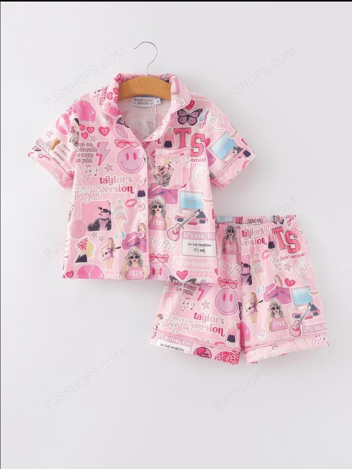 Tayl0R Swi.Ft-Inspired Pink Lapel Button Pajama Set - Short Sleeves & Shorts